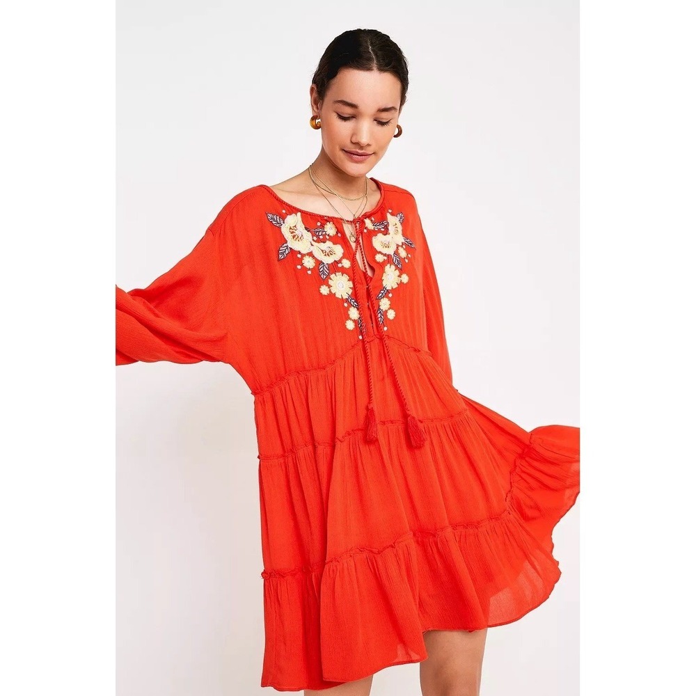 Free People Spell On You Tiered‎ Boho Mini Dress Orange Small OB663205